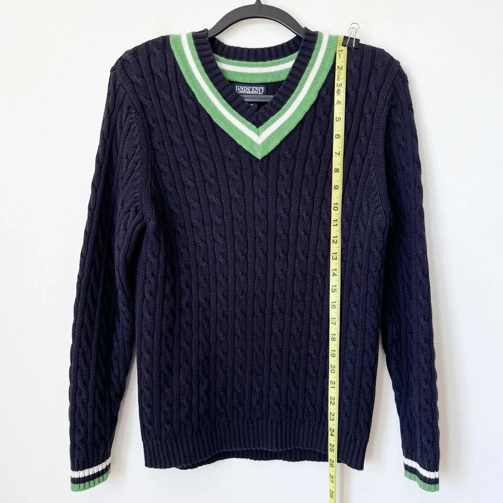 Lands' End Varsity Cable Knit V-Neck Sweater Women Medium Navy Green Tennis Prep